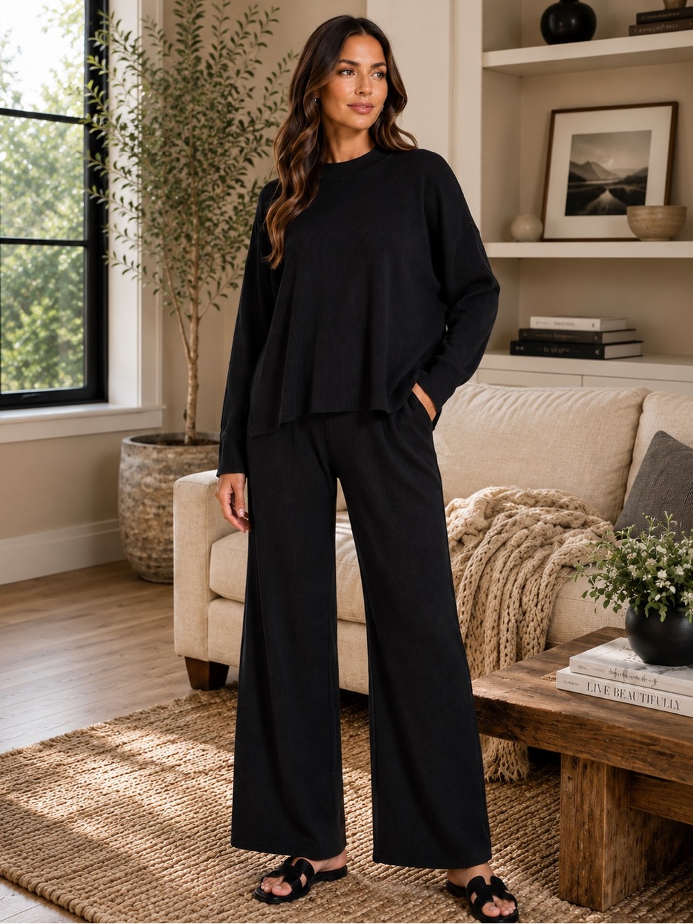 376. Women’s Black Viscose Cozy Ribbed Lounge Top & Pant Set NEW